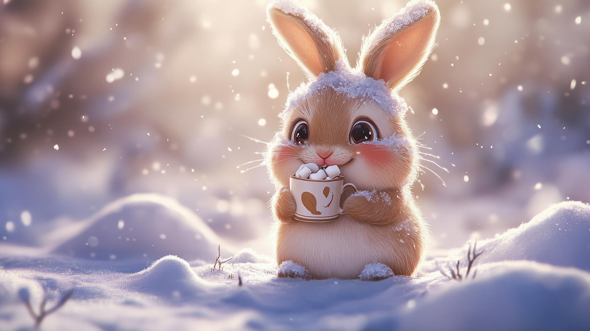 cute winter wallpaper with a chubby bunny holding hot cocoa