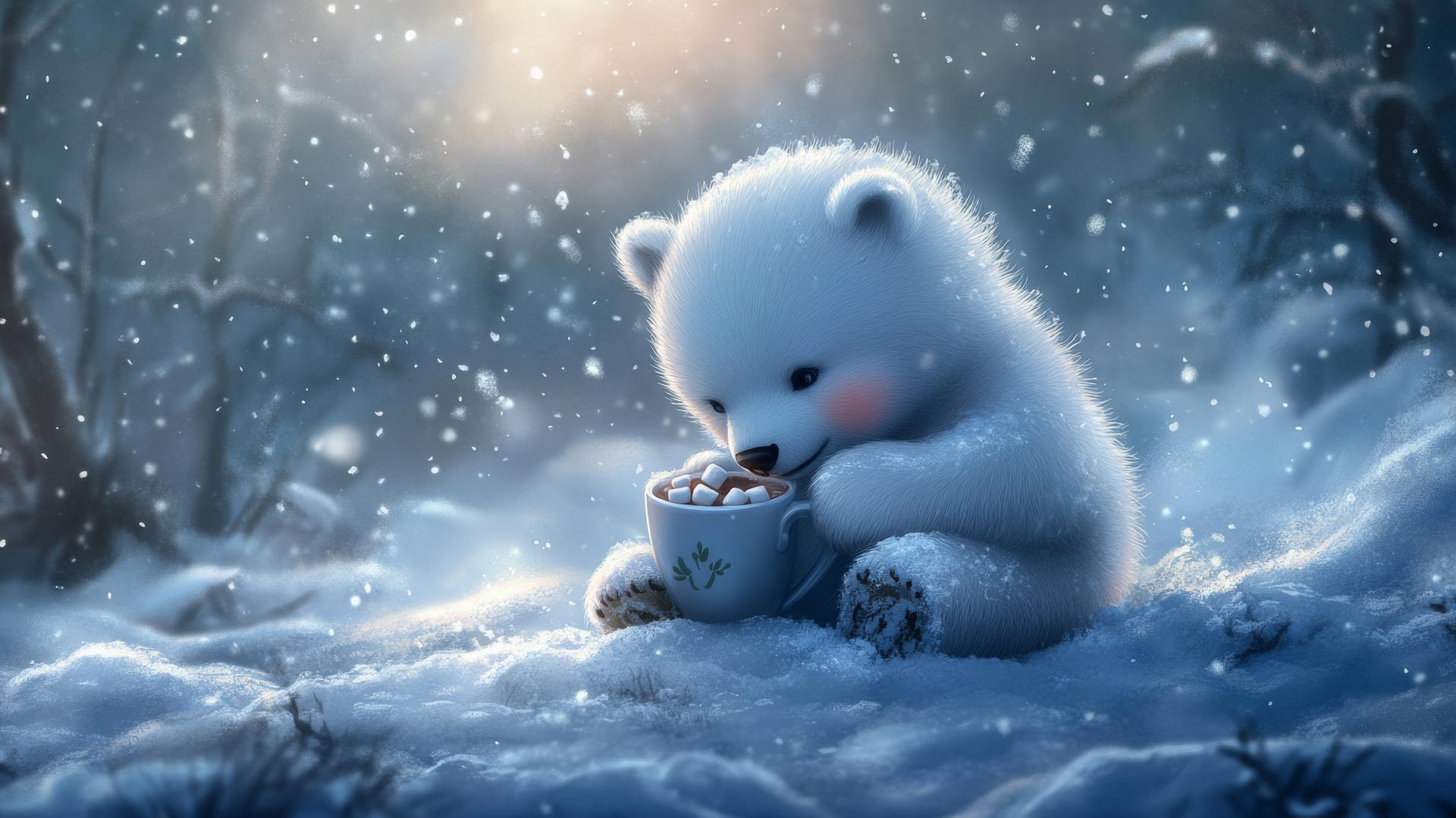 cute bear wallpaper featuring a chubby polar bear cub with hot cocoa