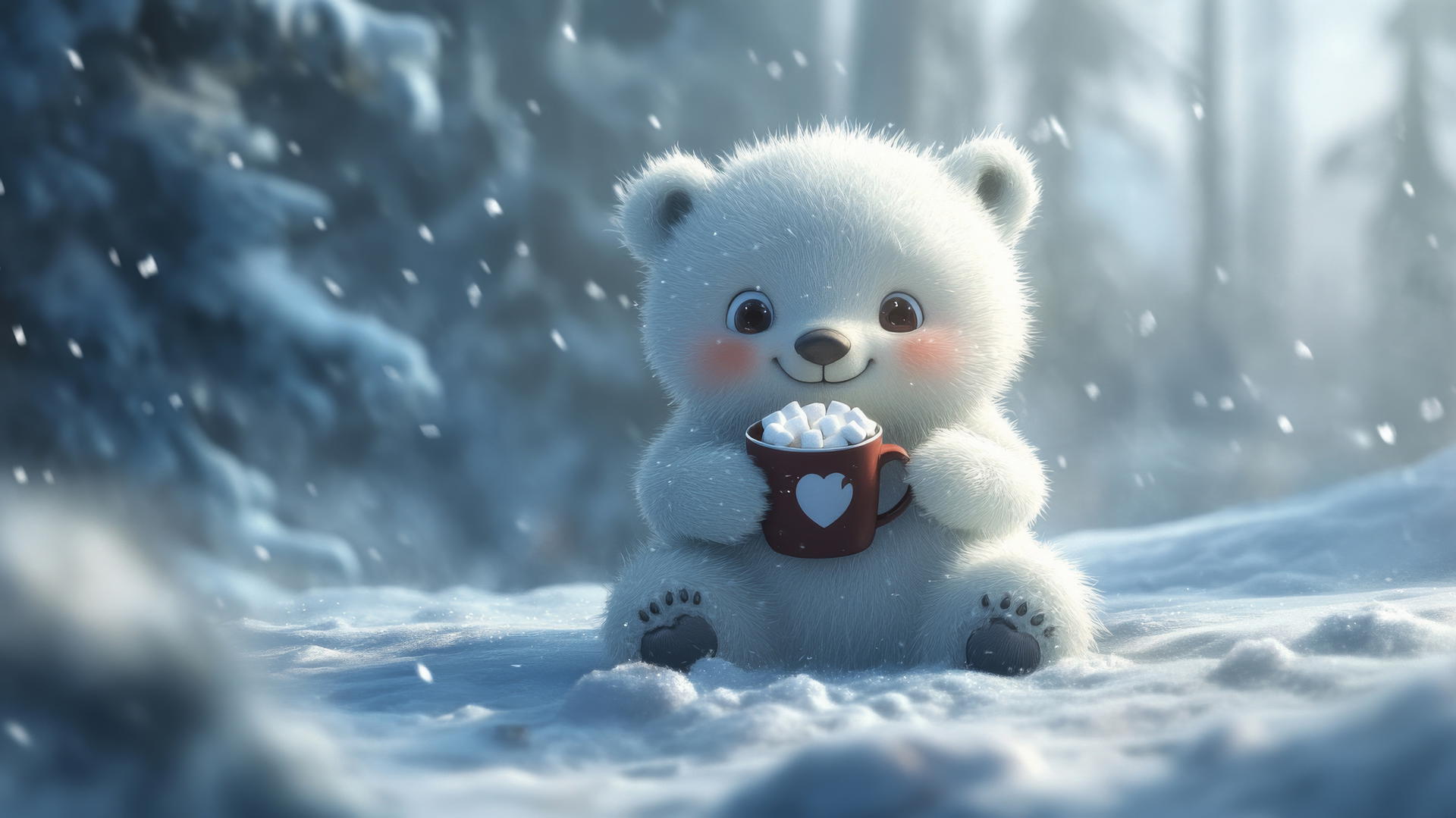 cute bear wallpaper: chubby polar bear cub with hot cocoa in snow