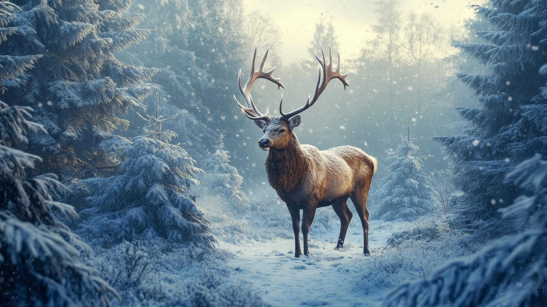 majestic stag in snowy forest with frost-dusted antlers, beautiful winter wallpaper