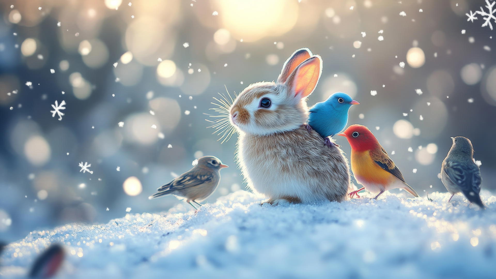 cute winter wallpaper with baby bunny and colorful birds in snowy field