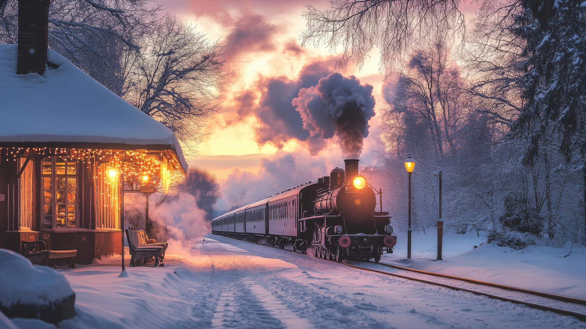 winter background wallpaper with a vintage steam train at a snowy station at dusk