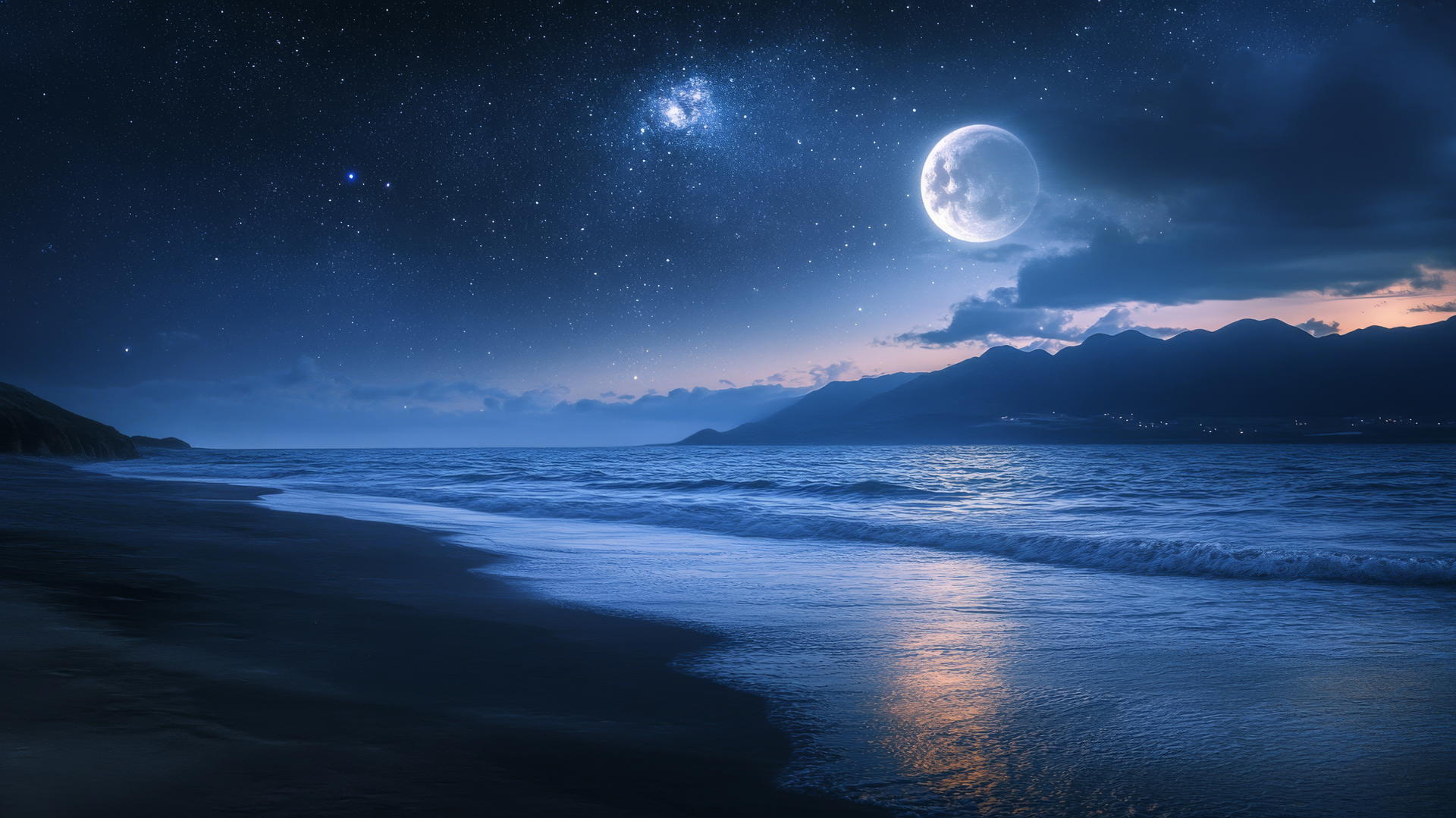 peaceful beach at night with starry sky and soft moonlight, beach wallpaper