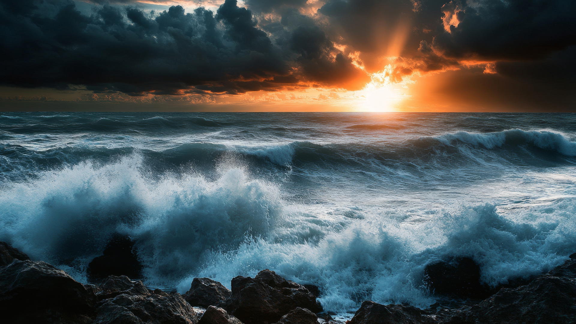 Moody beach sunset wallpaper with crashing waves and storm clouds