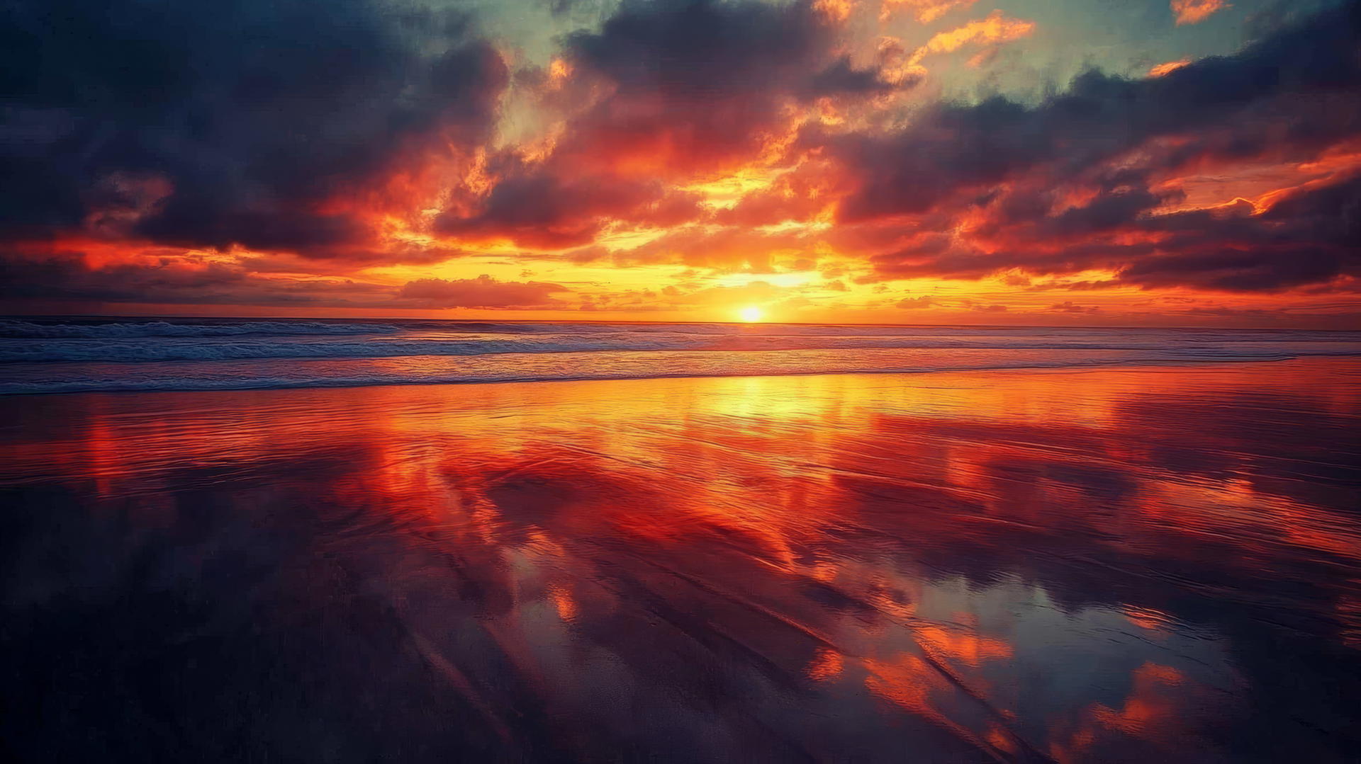 Sunset beach wallpaper with fiery red and orange skies reflecting on wet beach