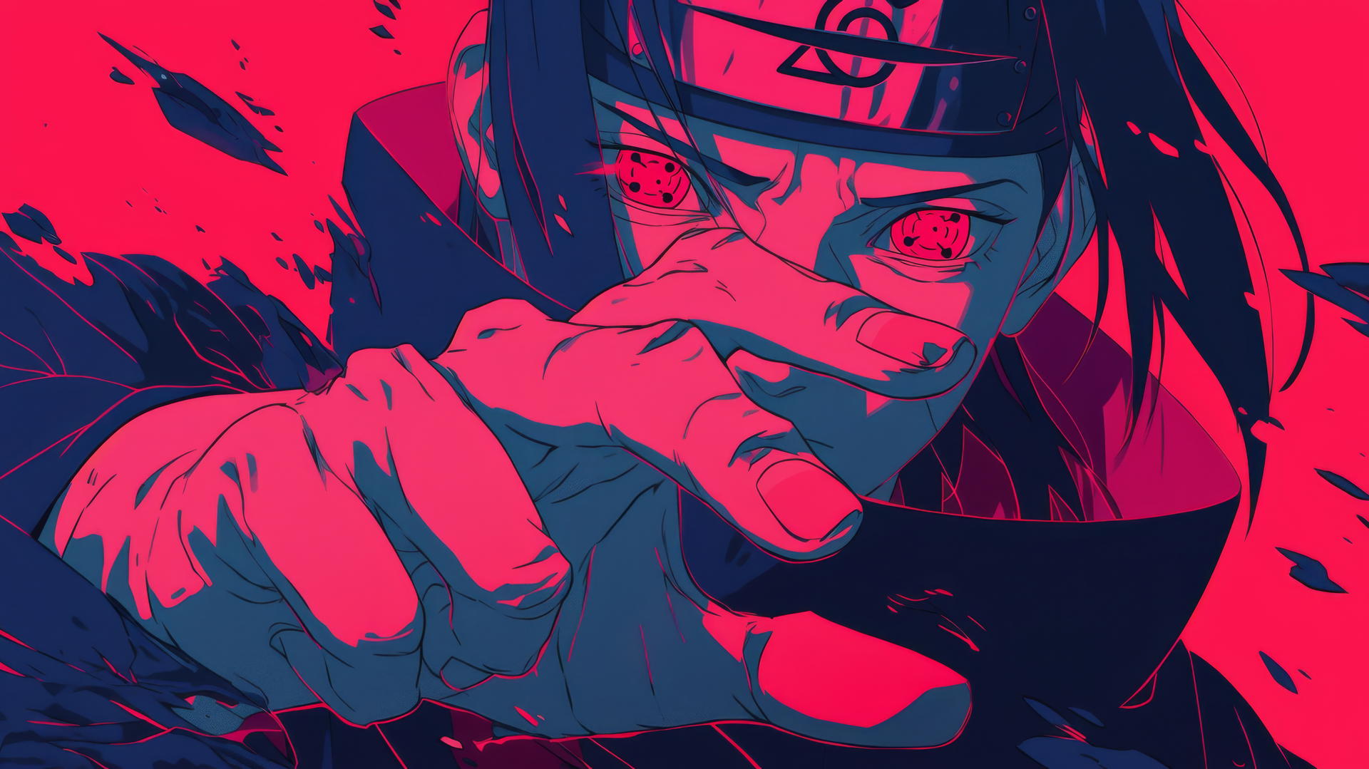 itachi uchiha drawing in vintage comic book style with halftone print, reds and blacks