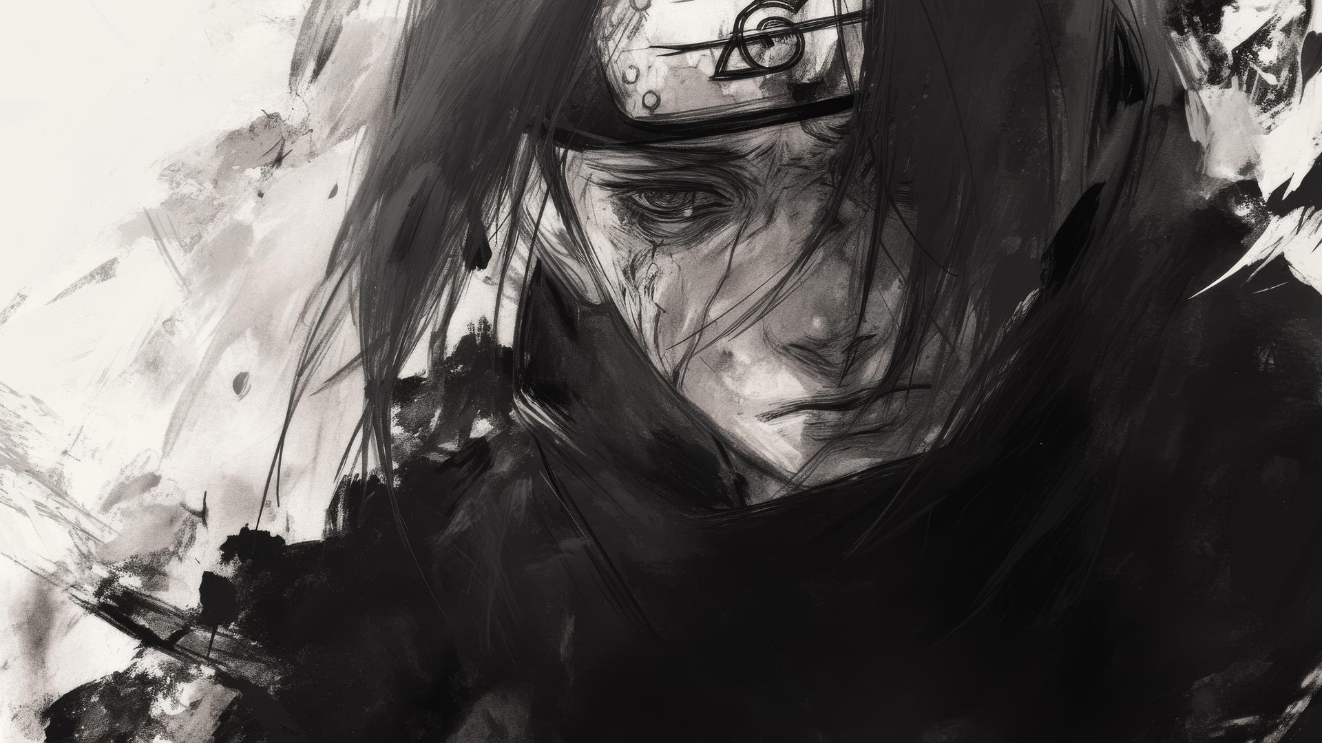 itachi uchiha drawing with soft shading and dark, moody atmosphere