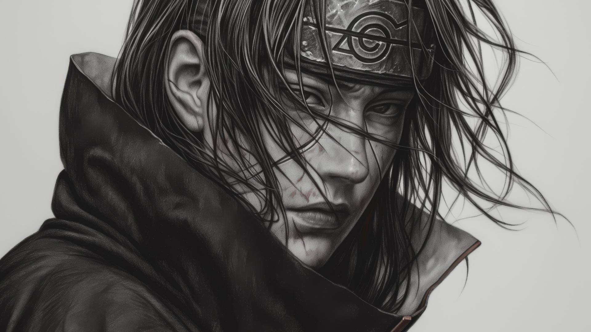Photorealistic Itachi Uchiha drawing with intricate precision, capturing lifelike expression