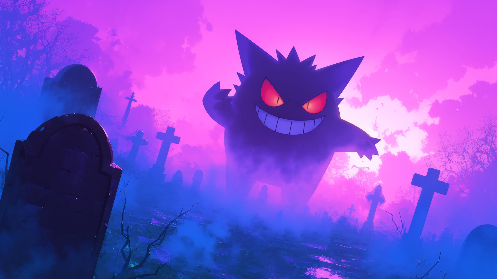 Gengar Pokemon in a foggy graveyard with green glow and gravestones