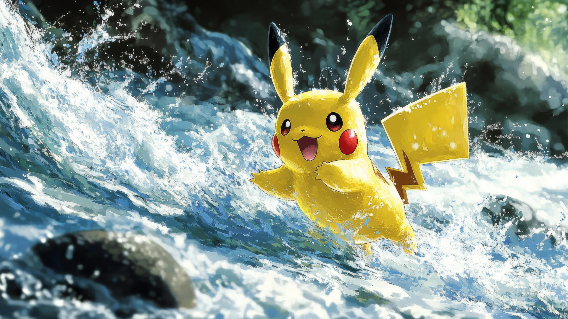 Pikachu leaping over a rushing river with splashing water