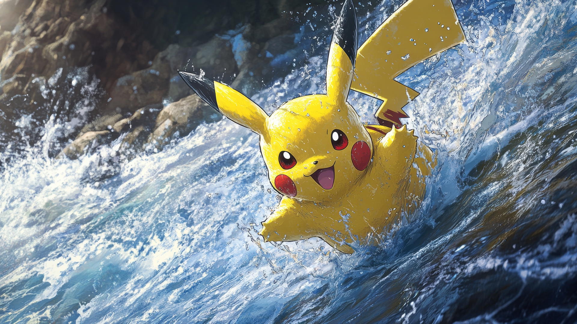 Pikachu performing a dramatic leap over a rushing river