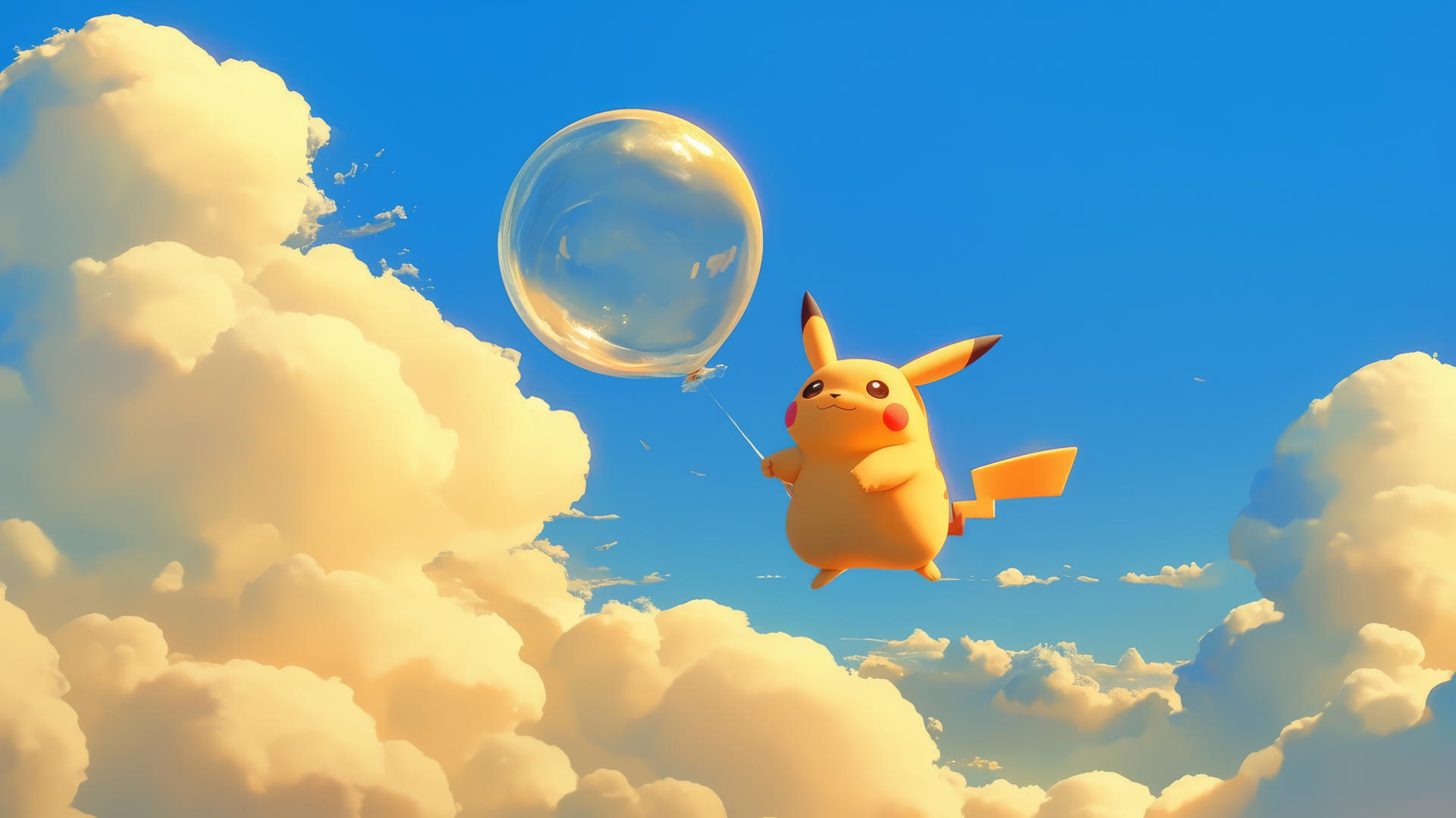 Fat Pikachu as a balloon floating in the sky