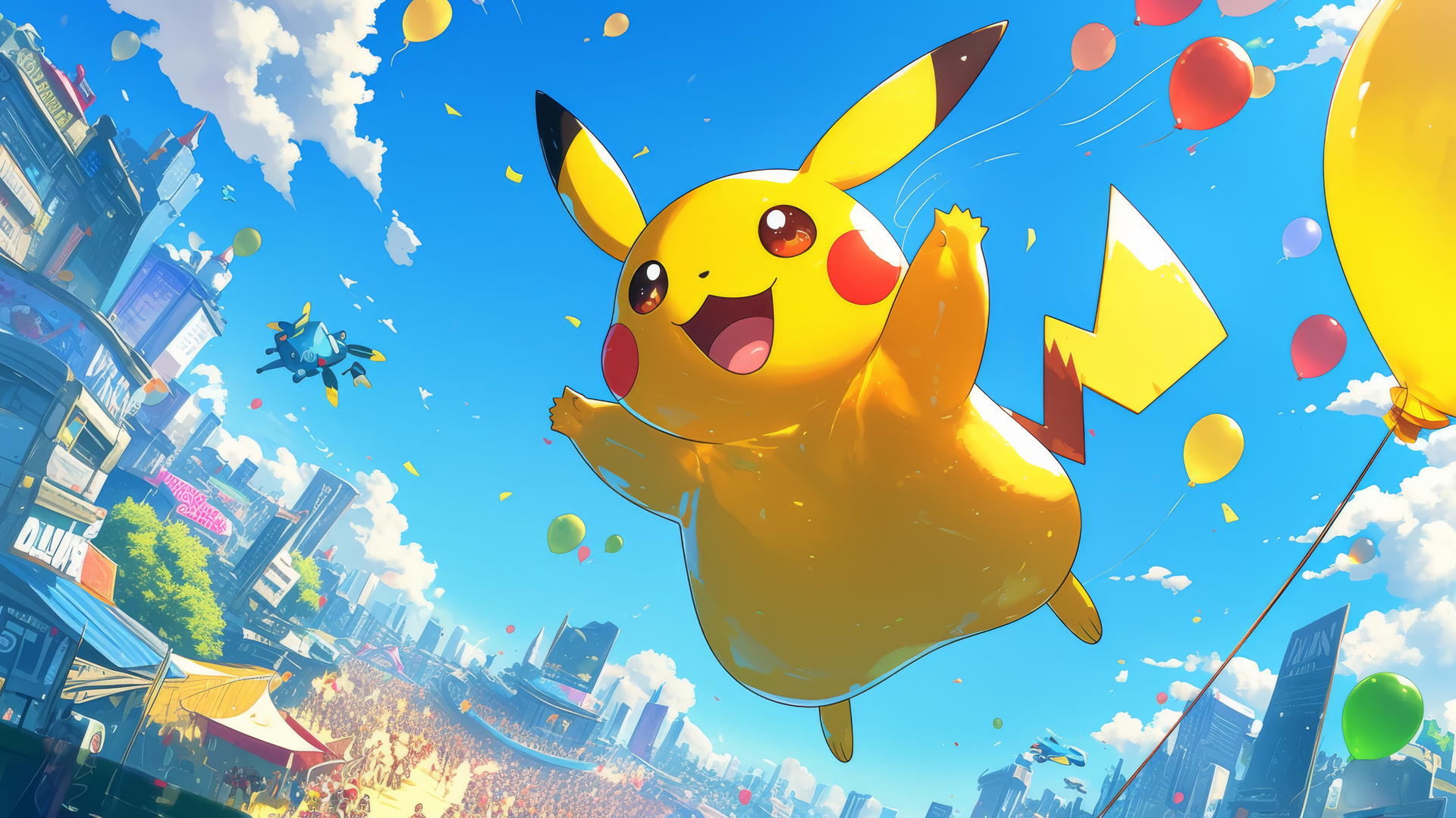 Fat Pikachu as an inflatable parade balloon floating above a city