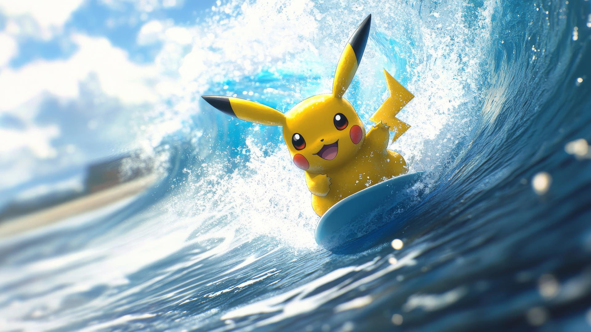 Pikachu surfing a massive wave with splashing water