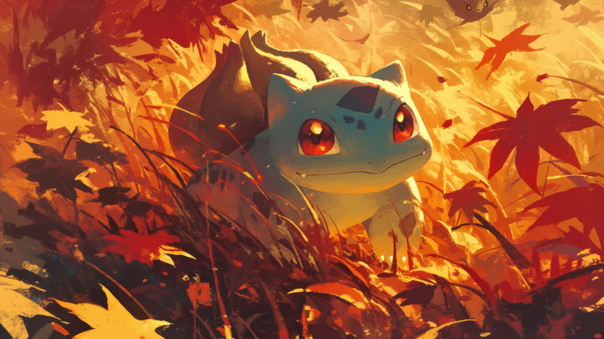 Pokemon Bulbasaur in tall grass with swirling autumn leaves