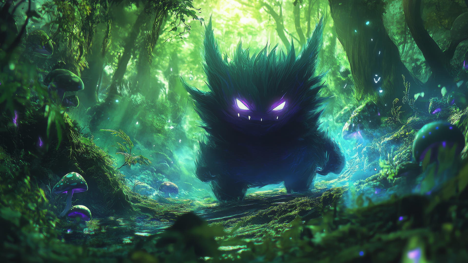 Gengar Pokemon in a lush mystical forest with glowing mushrooms