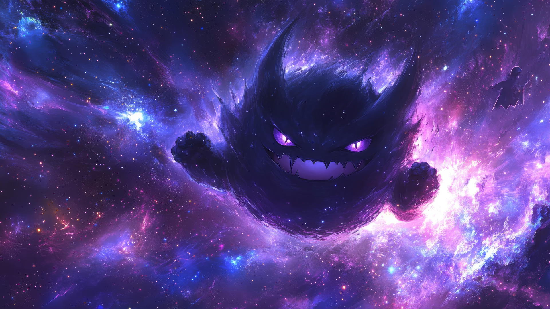 gengar pokemon flying through space with vibrant purples, blues, and pinks