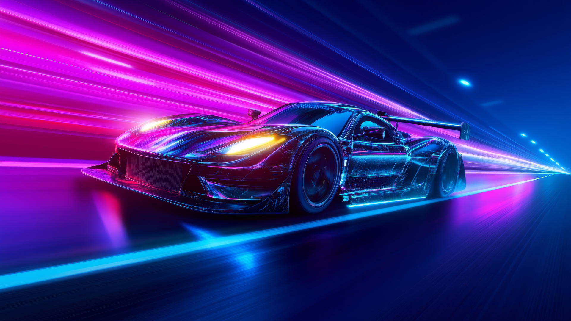 A fierce sports car speeds on a neon-lit highway at night, cool wallpapers for boys
