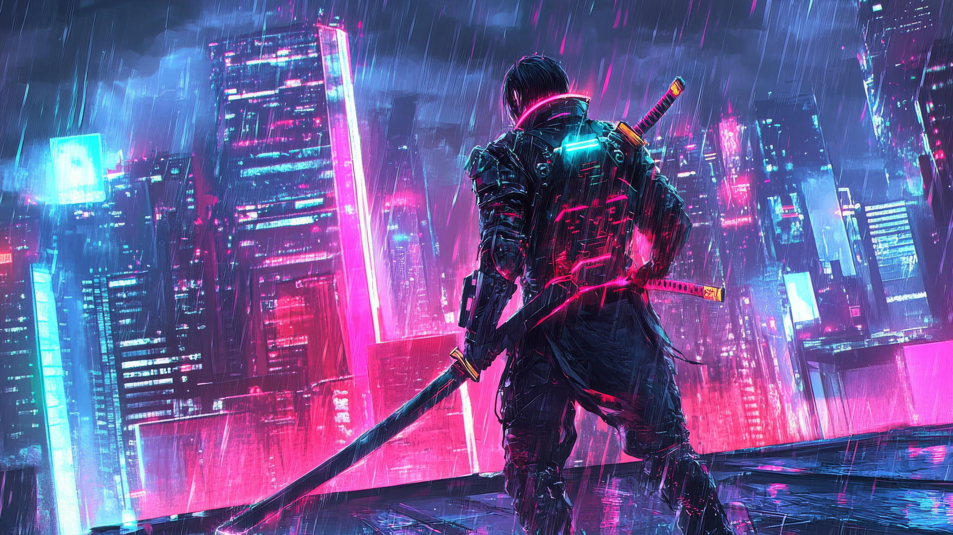 cool wallpapers for boys featuring a futuristic samurai with glowing armor and a neon sword on a high-tech city rooftop.