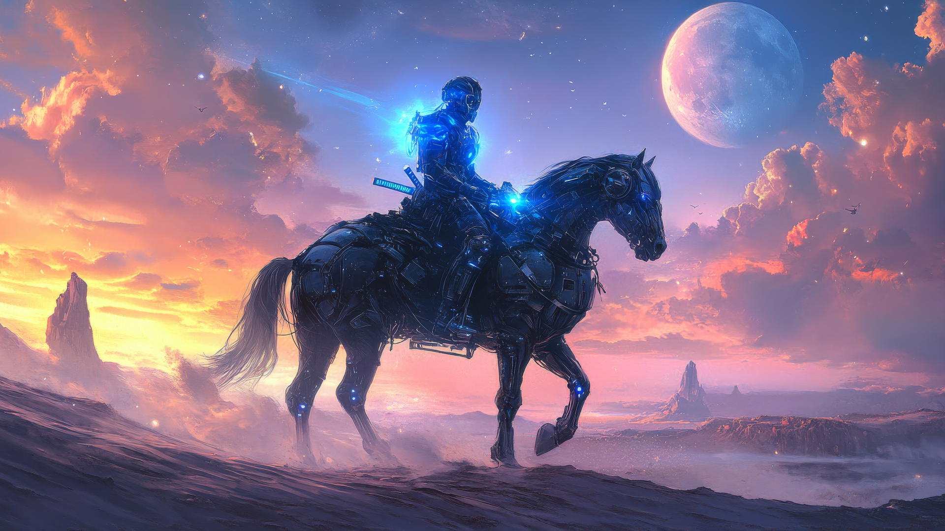 A futuristic samurai with glowing blue armor riding a cybernetic horse through a desert with two moons in the sky, cool wallpapers for boys.
