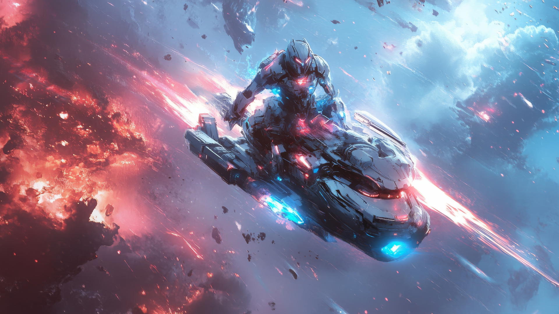Futuristic knight on hover-steed with glowing weapons and massive energy shield in high-tech battlefield, cool wallpapers for boys