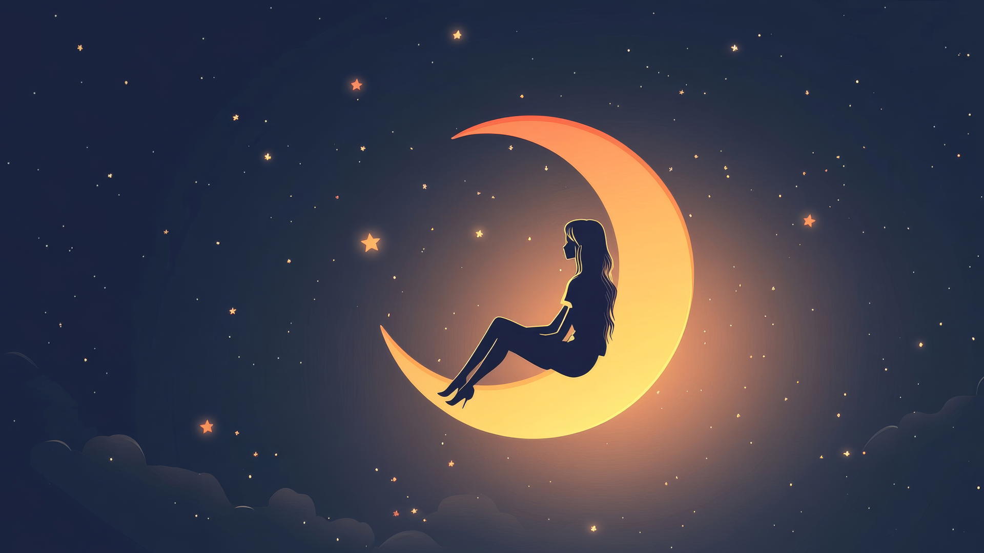 Vector of girl on glowing crescent moon with stars in dark gradient sky