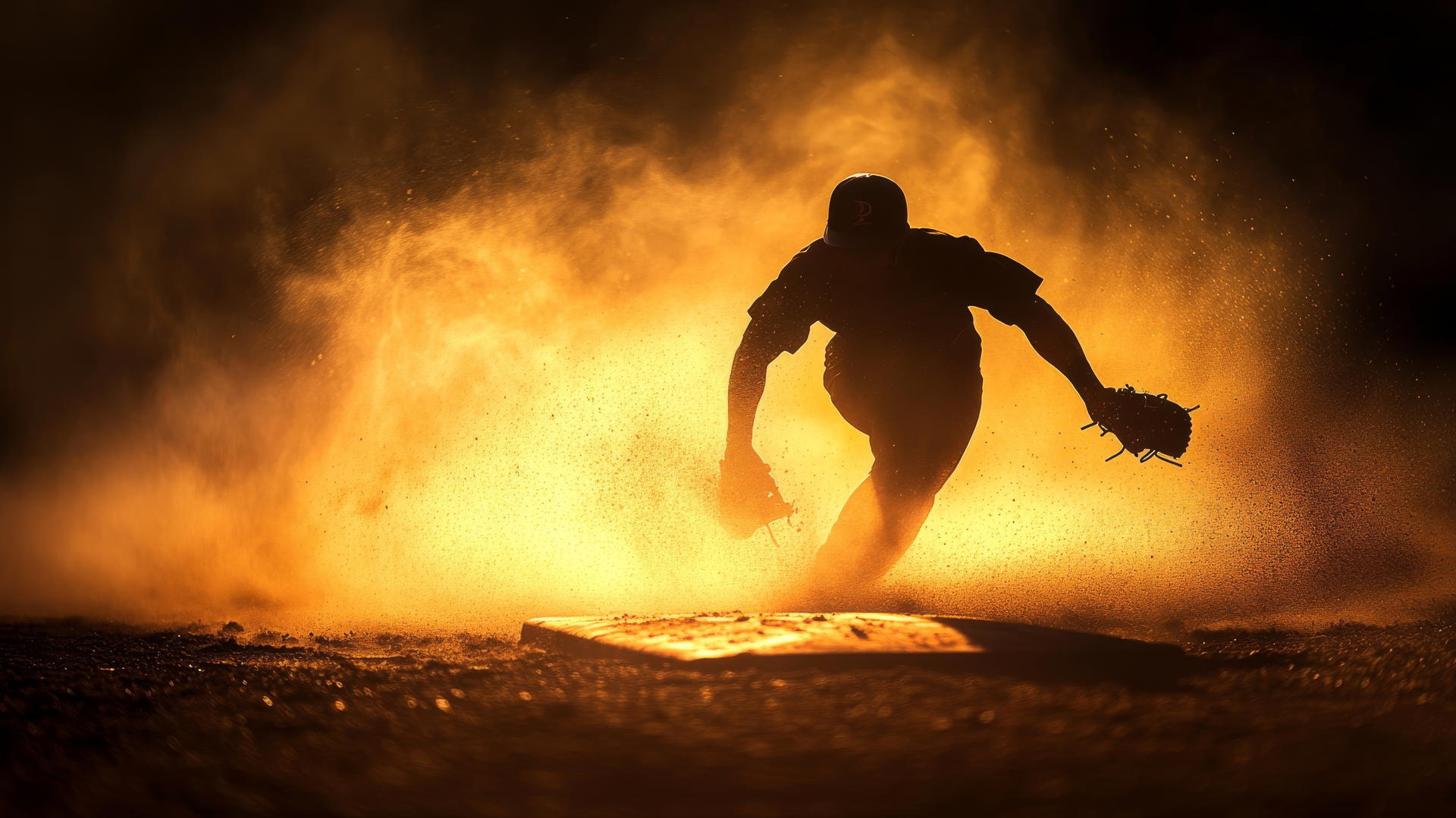 silhouette of baseball player sliding into glowing home plate