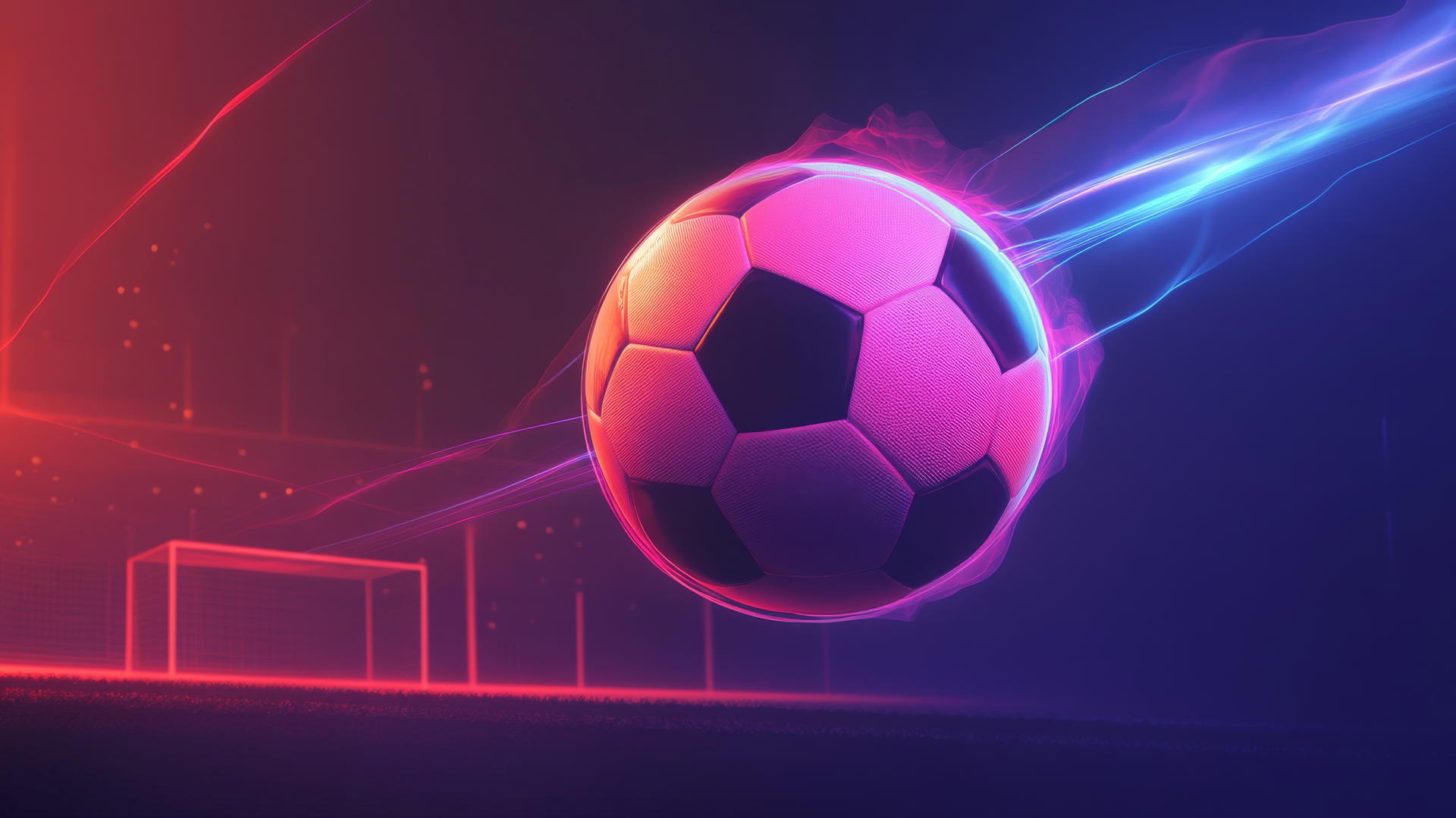Vector of a glowing soccer ball mid-air with neon light trails on a dark background.