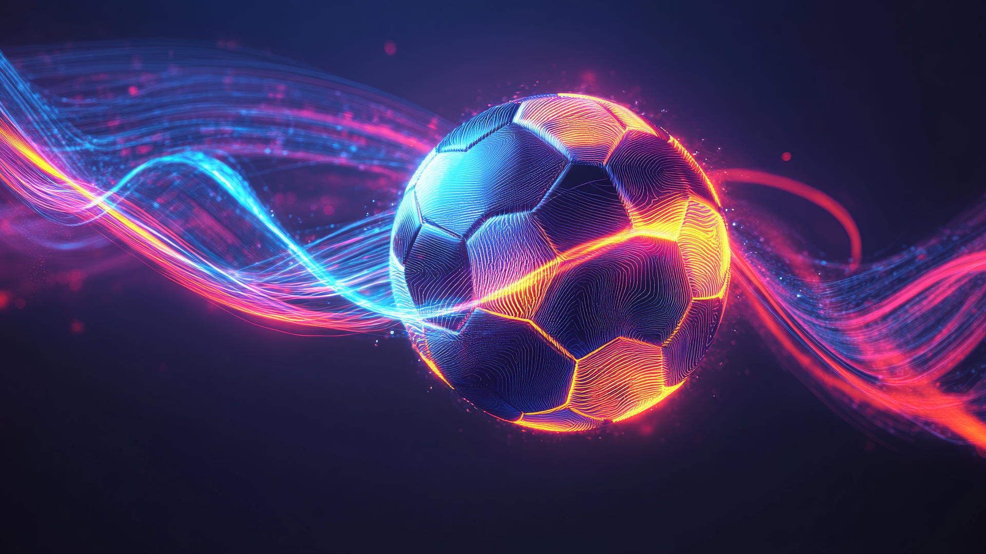 Spinning soccer ball with neon patterns and motion trails on black