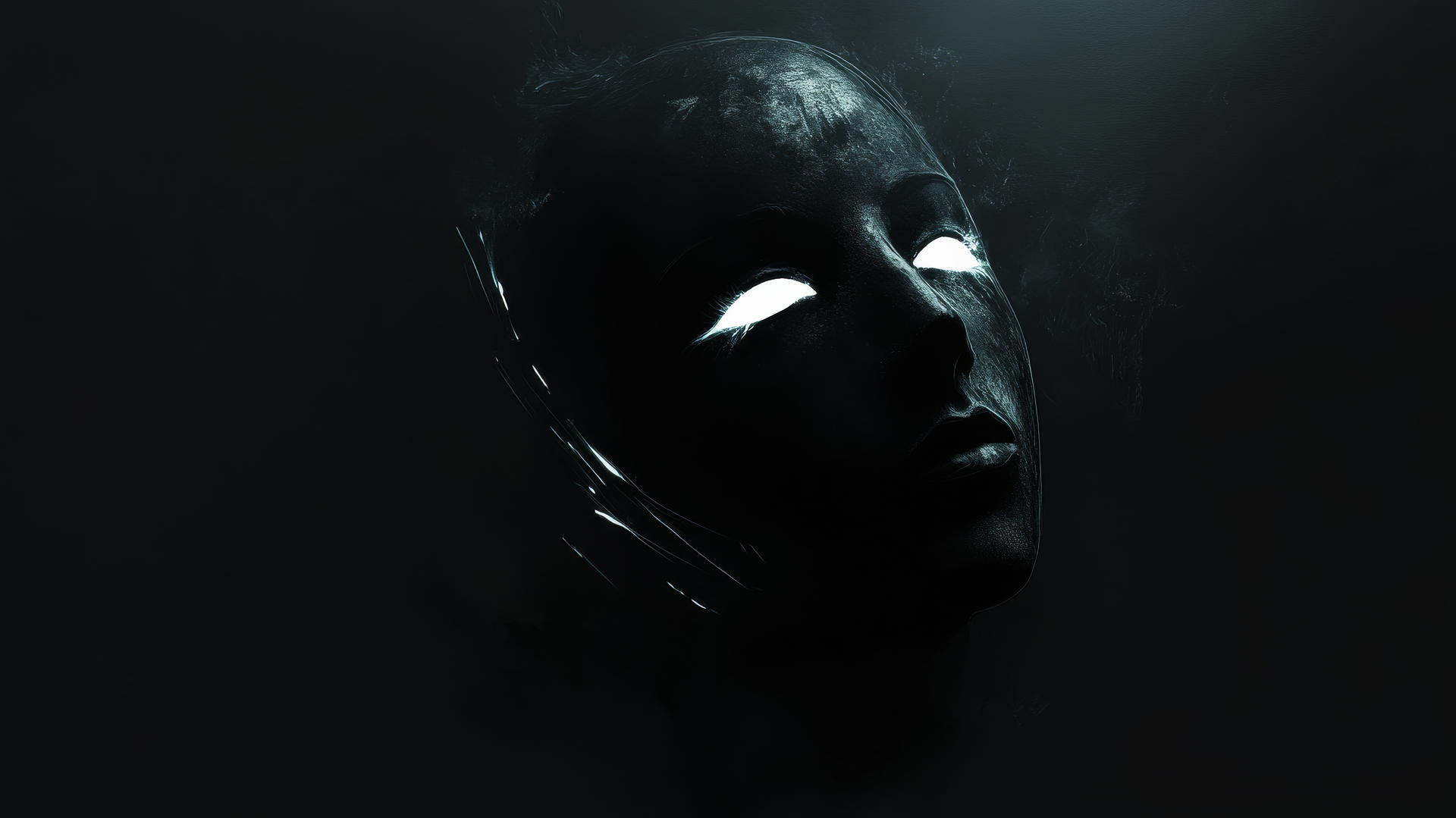 Minimalist glowing black mask with neon edges and hollow eyes on black background