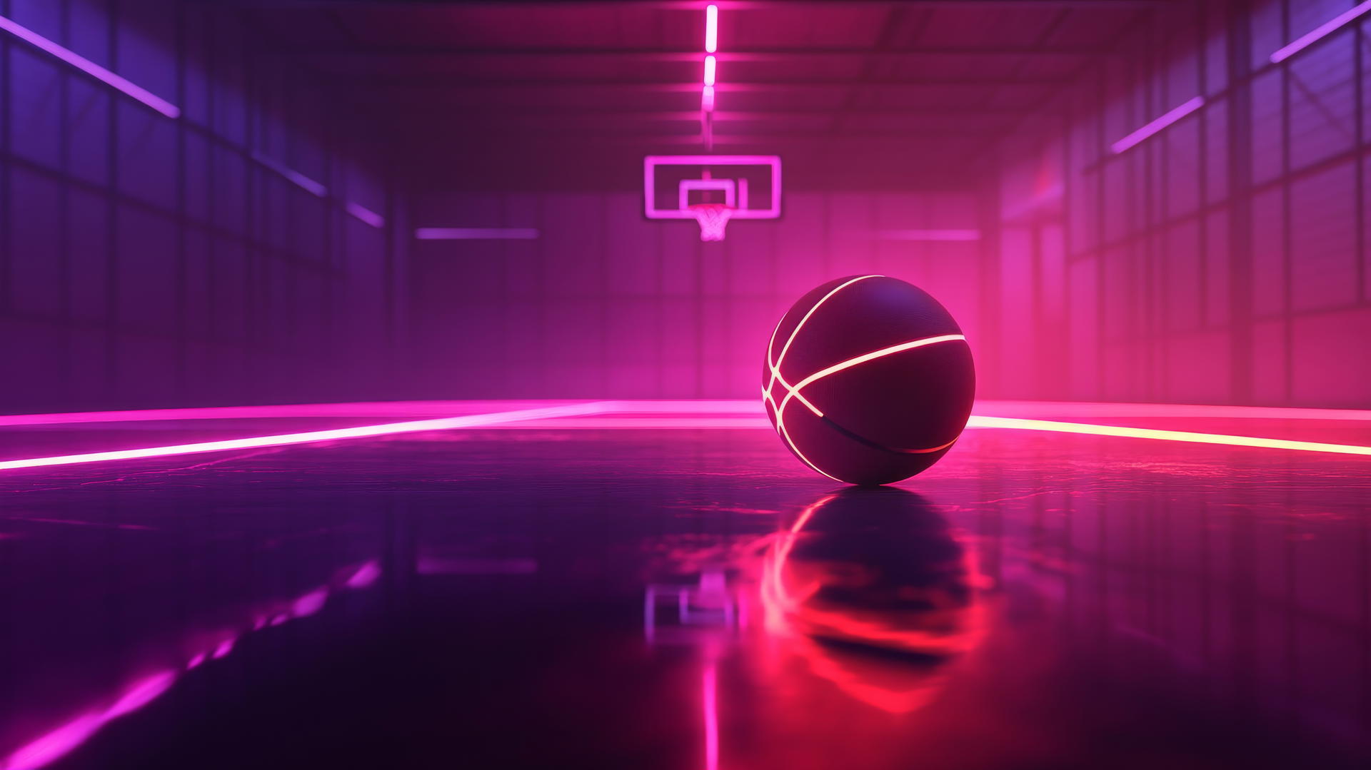Glowing basketball rolling on neon court with hoop outlines