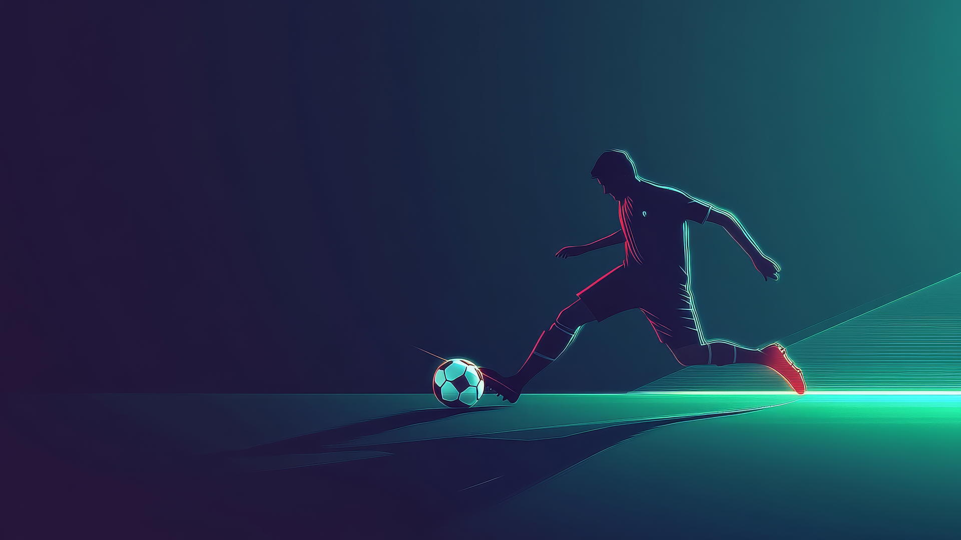 Minimalist soccer player taking a penalty kick with glowing ball path