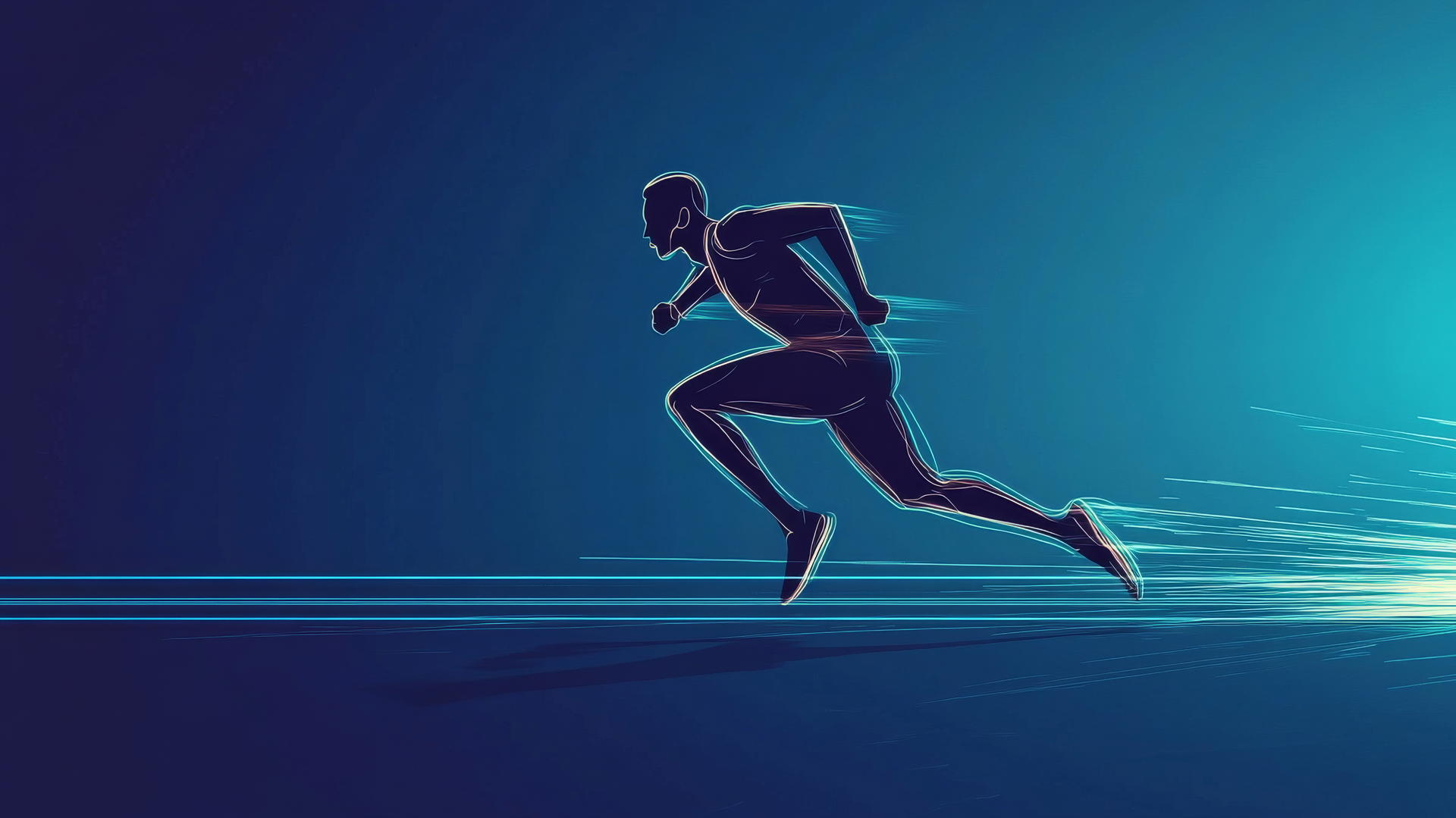 Minimalist sprinter mid-race with glowing outlines on a flat track