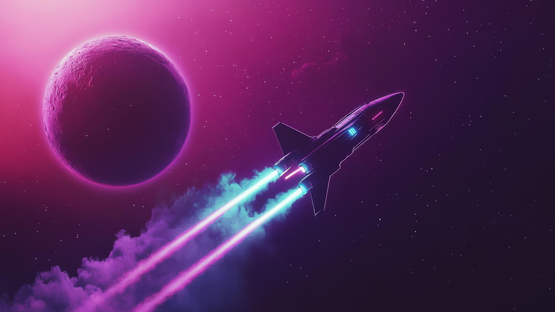 Glowing spaceship flying toward a distant planet with neon light trails in deep space.
