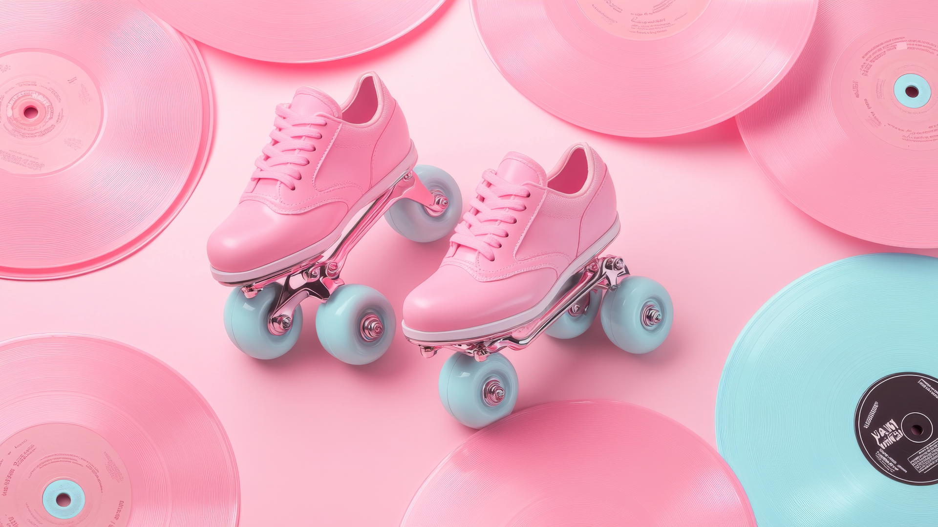 Pink roller skates and vinyl records on pastel pink background