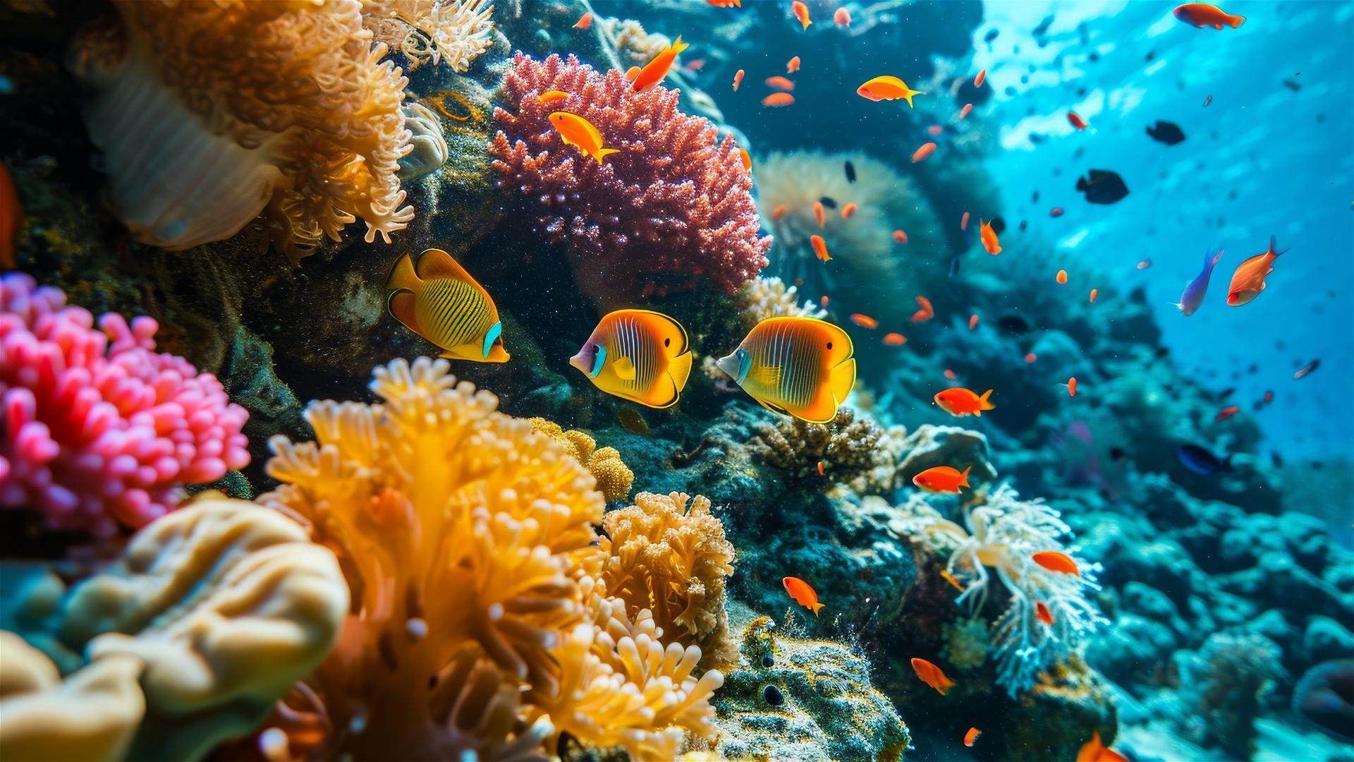 Colorful fish swimming around a vibrant coral reef.