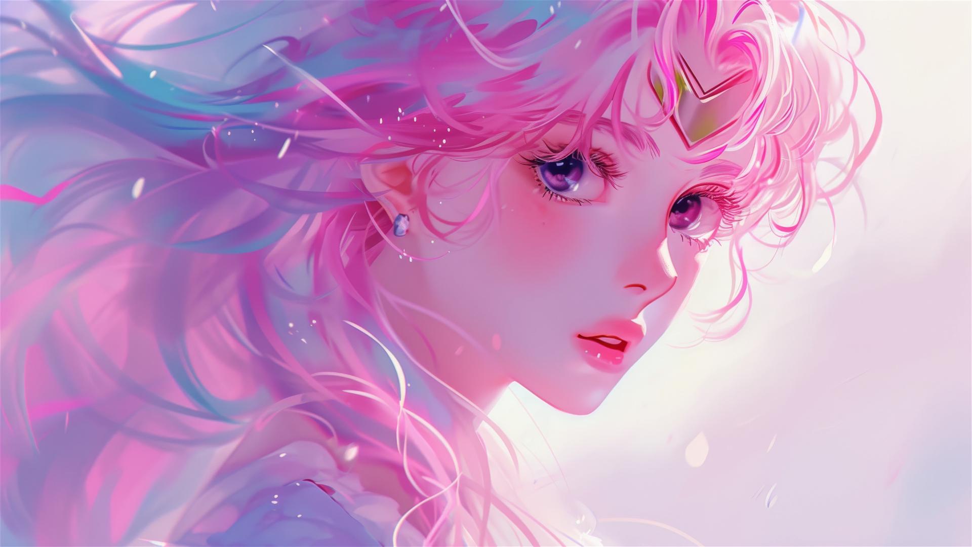 Shy anime girl with long pink hair in 1980s style