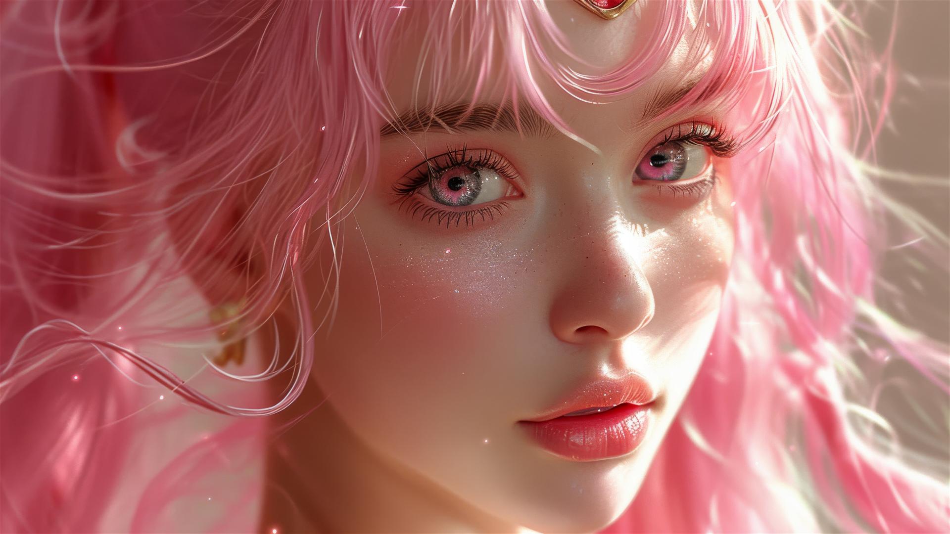 1980s anime-style girl with long pink hair and beautiful eyes, soft colors