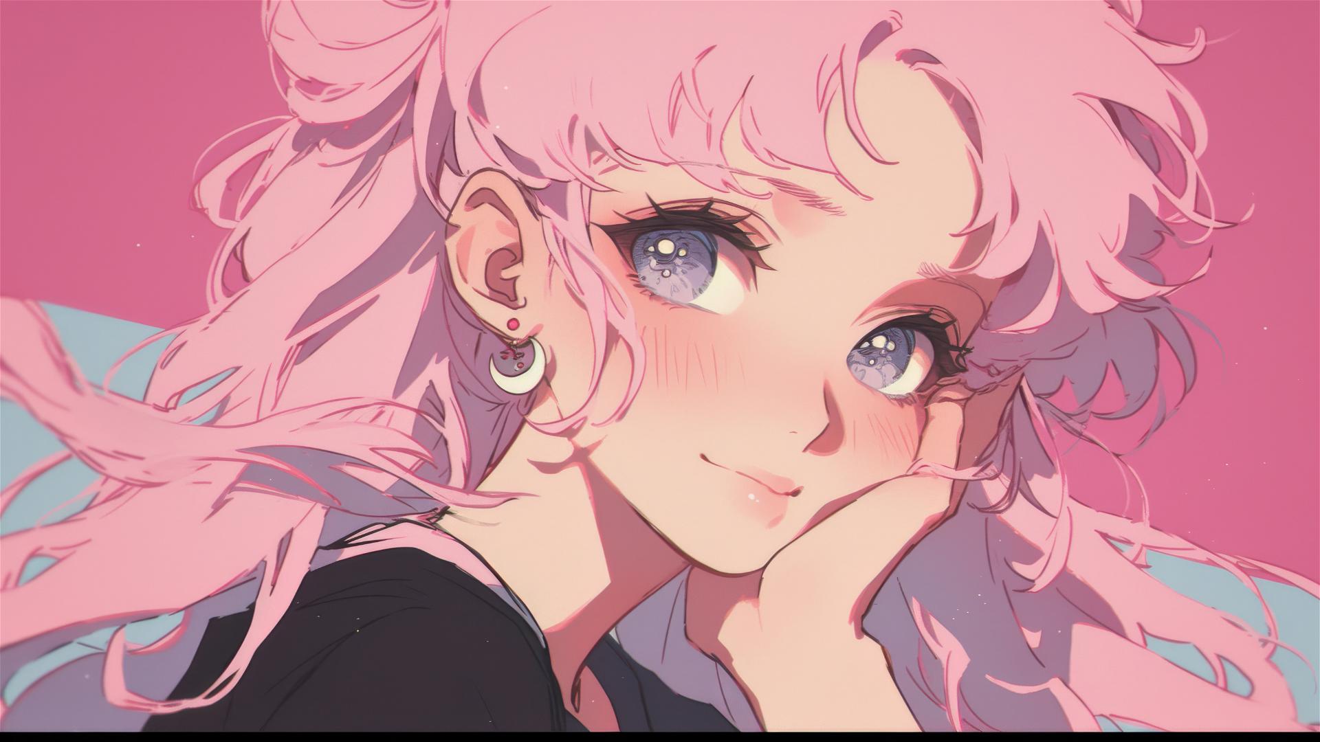 Illustration of shy girl with long pink hair in 1980s anime style, inspired by Sailor Moon.