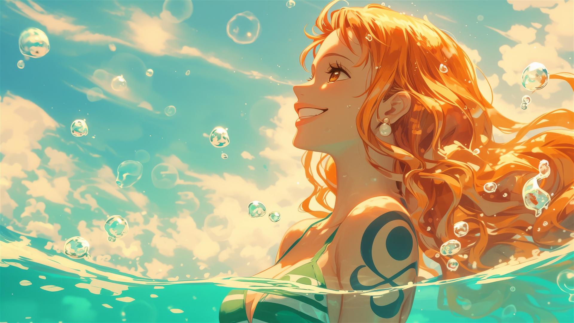 Panoramic view featuring Nami from One Piece.