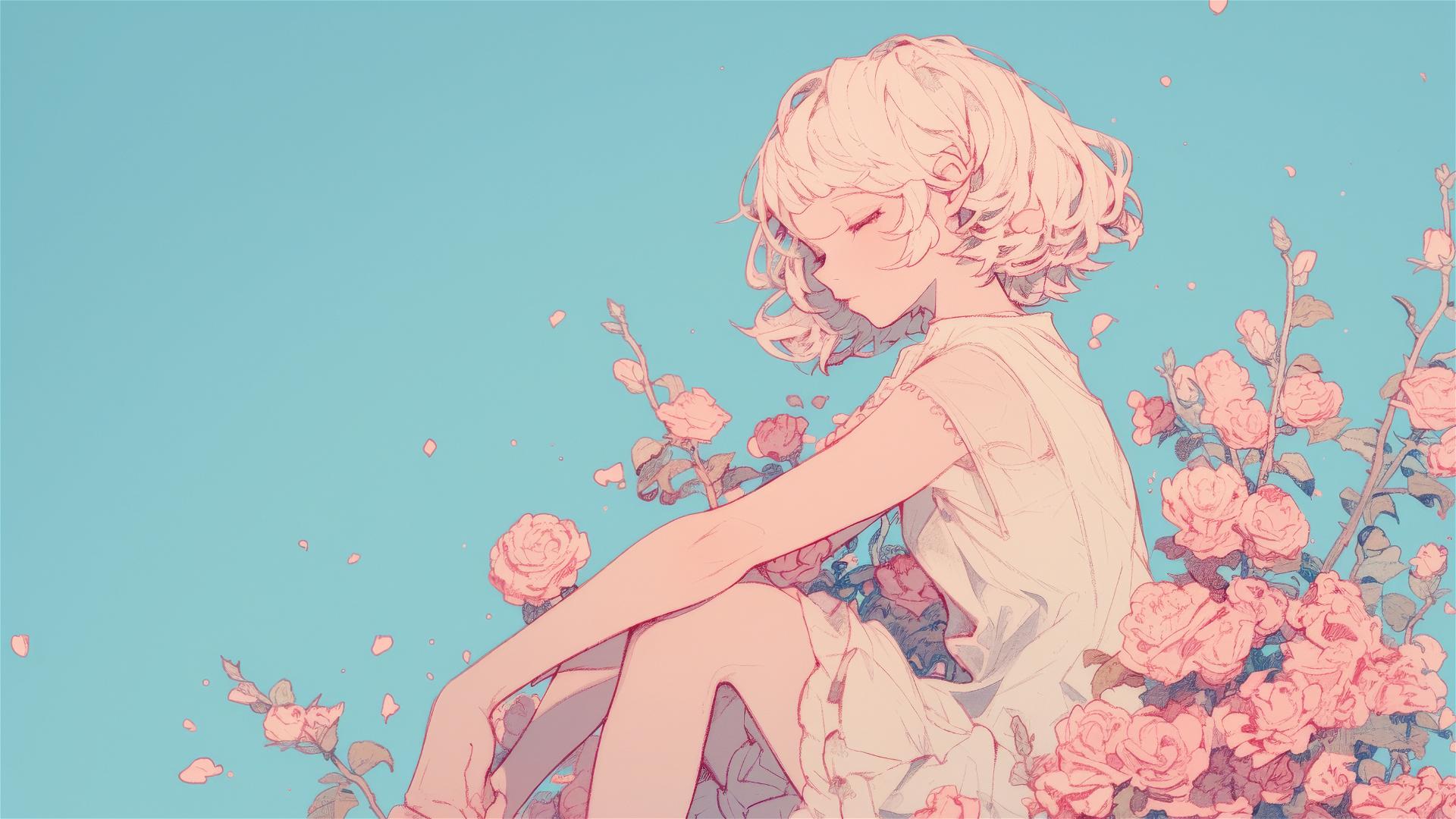 Genderless figure in pink on roses, gothic gongbi style, subtle colors, tondo.