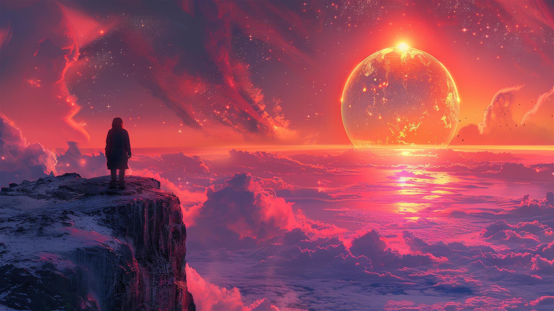 Silhouette on a colorful, advanced alien planet with utopia vibes.