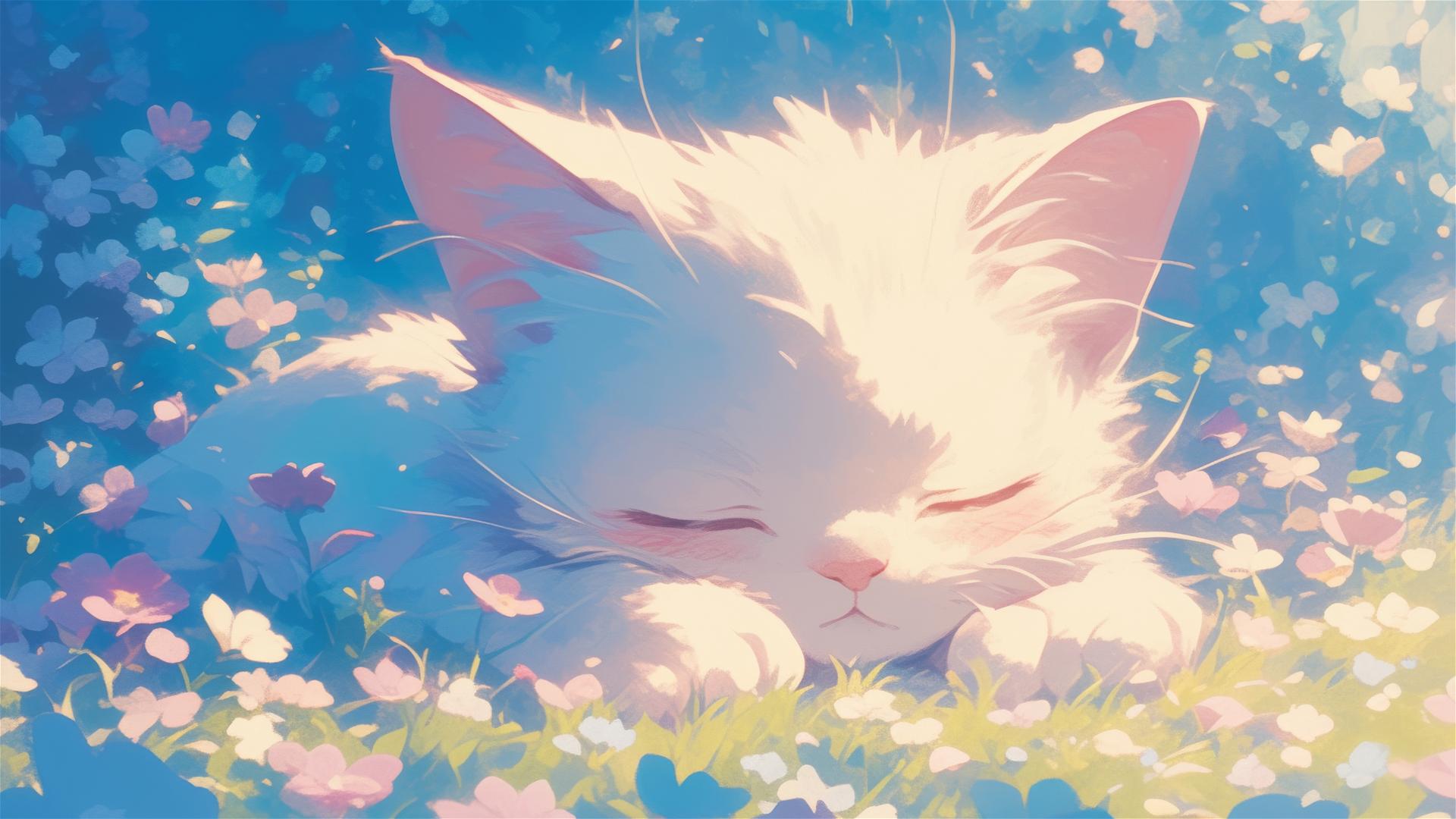 Sleeping British Shorthair in a colorful, flower-filled Japanese animation scene.
