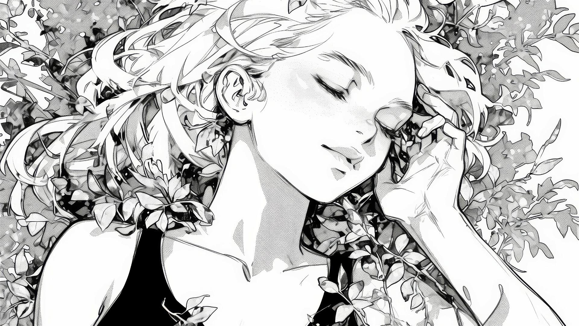 Black and white inked portrait of Poison Ivy for coloring.