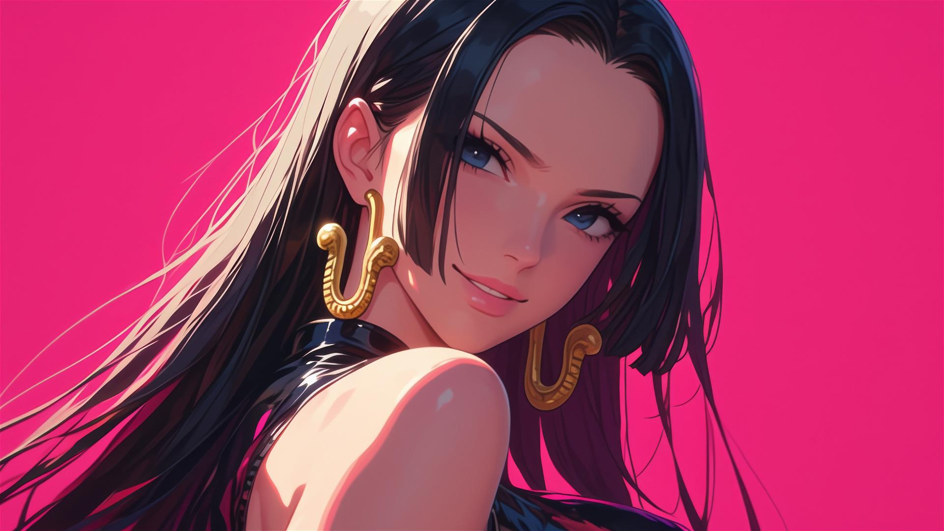 Boa Hancock in black and pink leather with neon colors on a pink background.