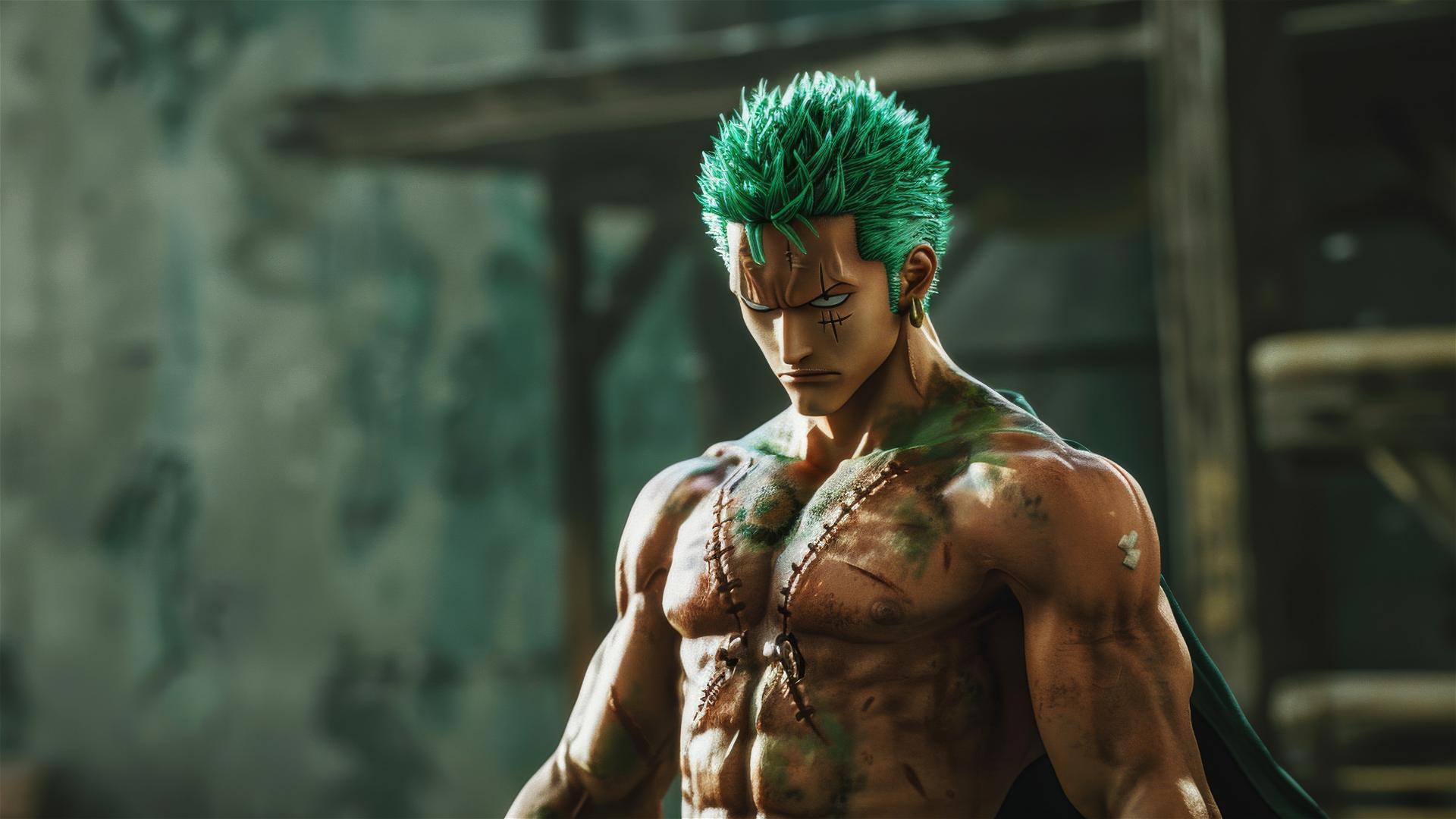 Super realistic image of lonely Zoro Roronoa from One Piece.