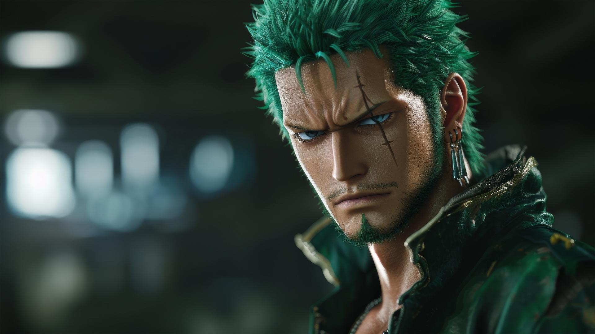 Super realistic depiction of lonely Zoro Roronoa from One Piece.