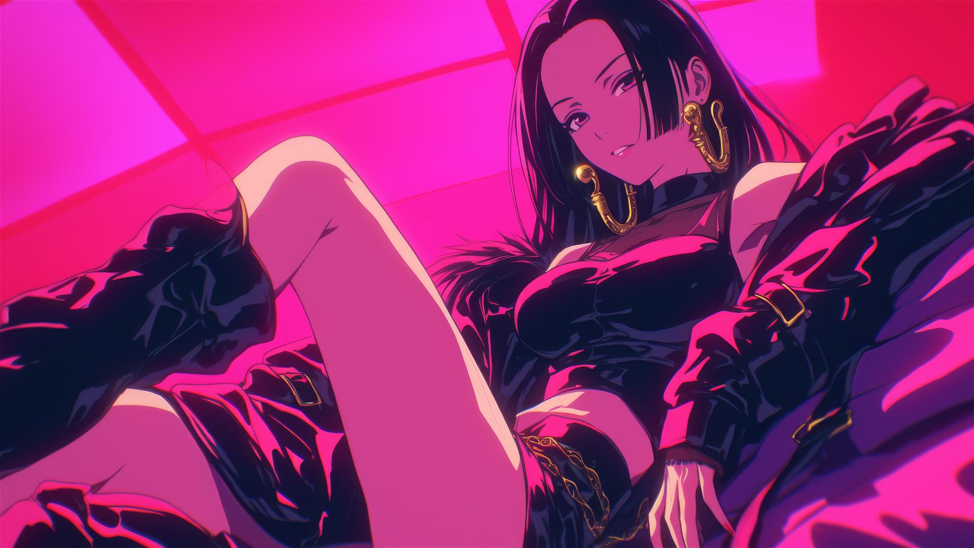 Boa Hancock in black and pink leather, seated with crossed legs, neon accents, pink background.