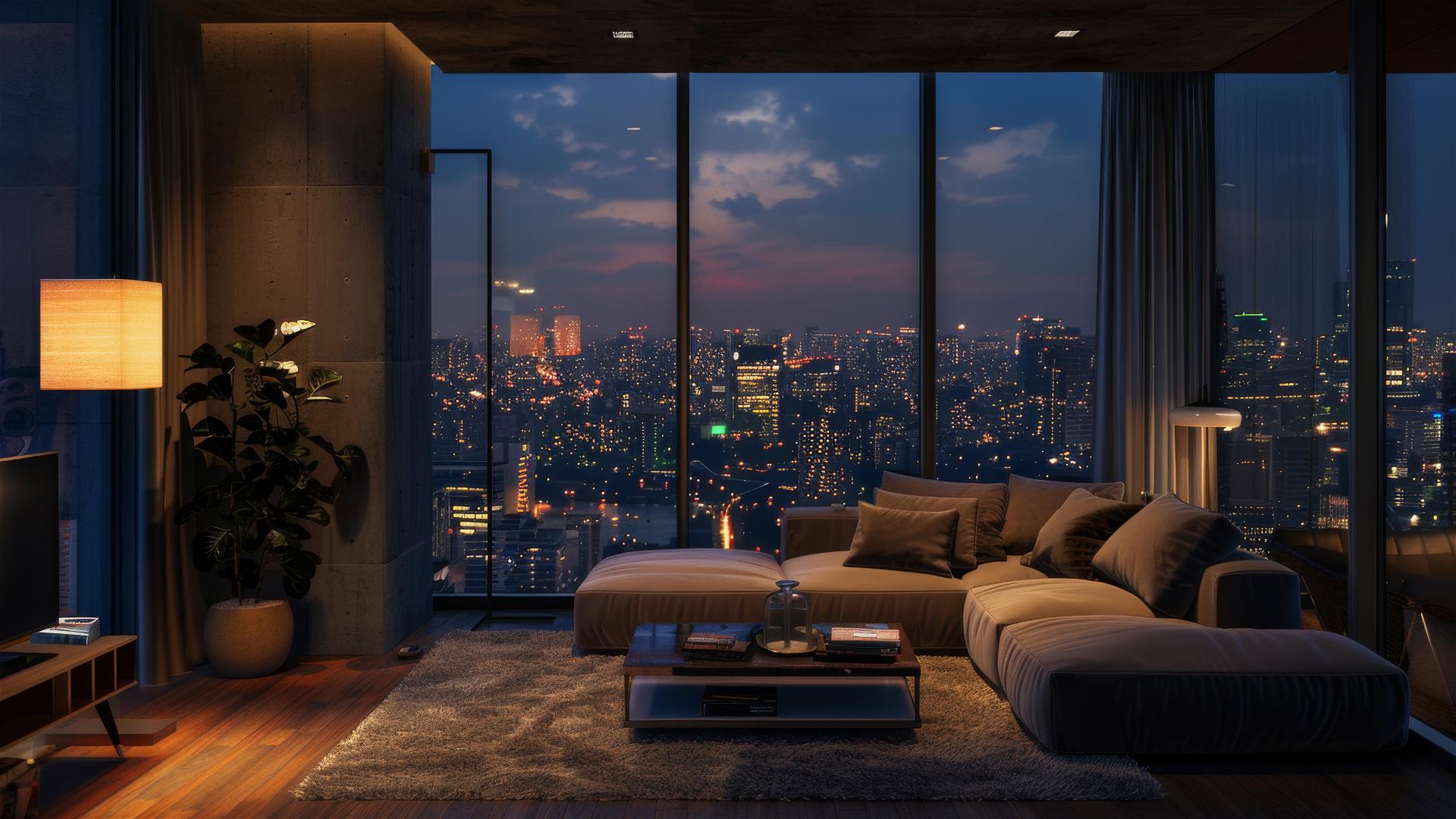 Cozy living room, dim lights, city view through window