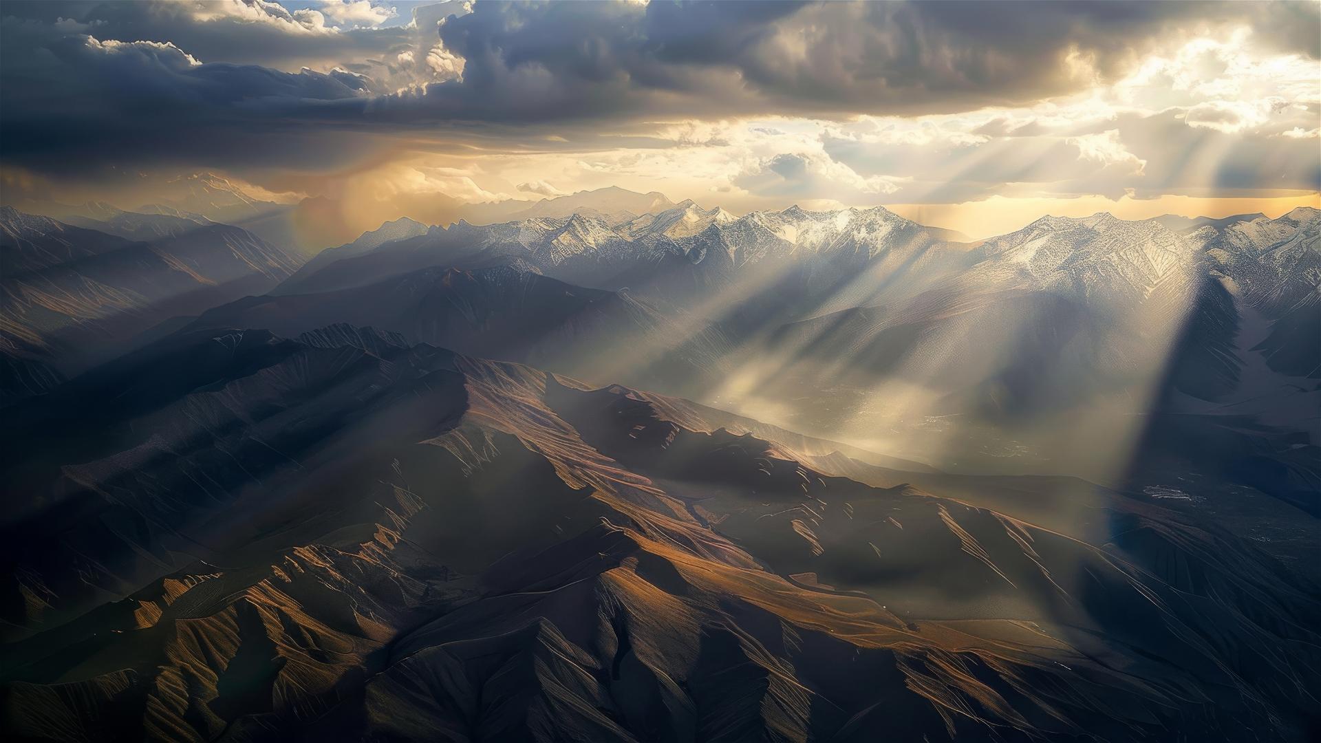 Aerial view of Tibetan landscape with dramatic light and clouds